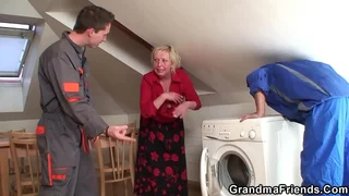 One repairmen make the beast with two backs shove around granny make advances to cum
