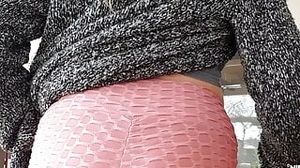 nippleringlover horny mom pulling rope through extreme pierced nipples and tying them together outdoors