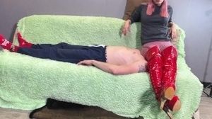 I sit on the slave's face and slobber on the floor, then I'll make him gobble my drool