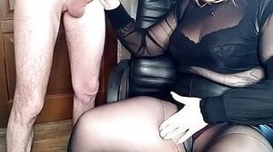 Cumming on horny MILF's tits in pantyhose