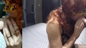 Ginger-haired cougar in super-sexy undergarments and stocking gives a deep throat and takes a gigantic cum-shot on her gigantic funbags